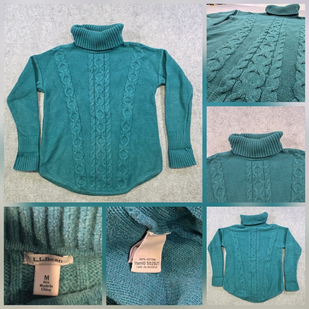 LL Bean Sweater Womens Medium Green 100% Cotton Cable‎ Knit Turtleneck Pullover